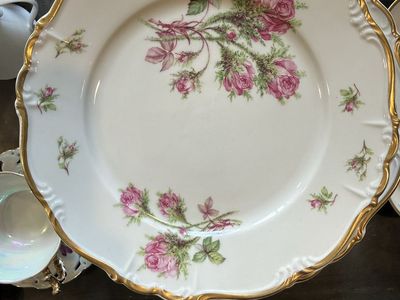 Vintage Pink Moss Rose Porcelain Plate Set - Gold Trim (10.5 In & 6 In)