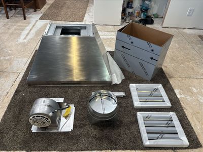 New Never used Thermador Range Hood complete with 600 cfm motor, 10” damper adapter, grease baffles, 2-18” trunk flue.