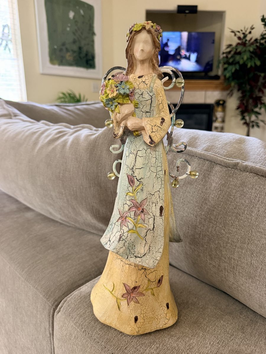 Vintage Handcrafted Decorative Floral Angel Figurine with Wire Wings and Crackle Finish