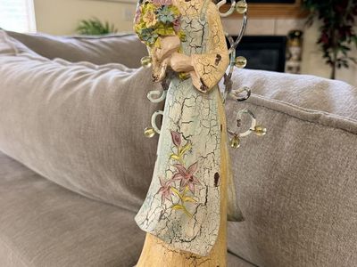 Vintage Handcrafted Decorative Floral Angel Figurine with Wire Wings and Crackle Finish