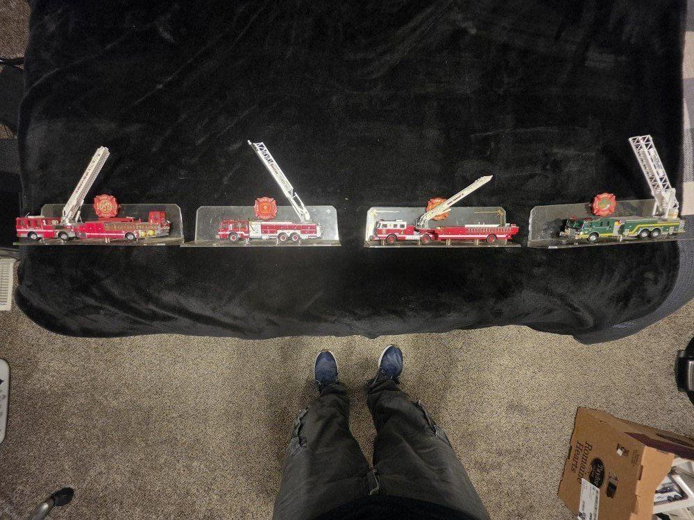 Lot of 4 Code 3 Collectibles Diecast Fire Trucks with Display Bases. 