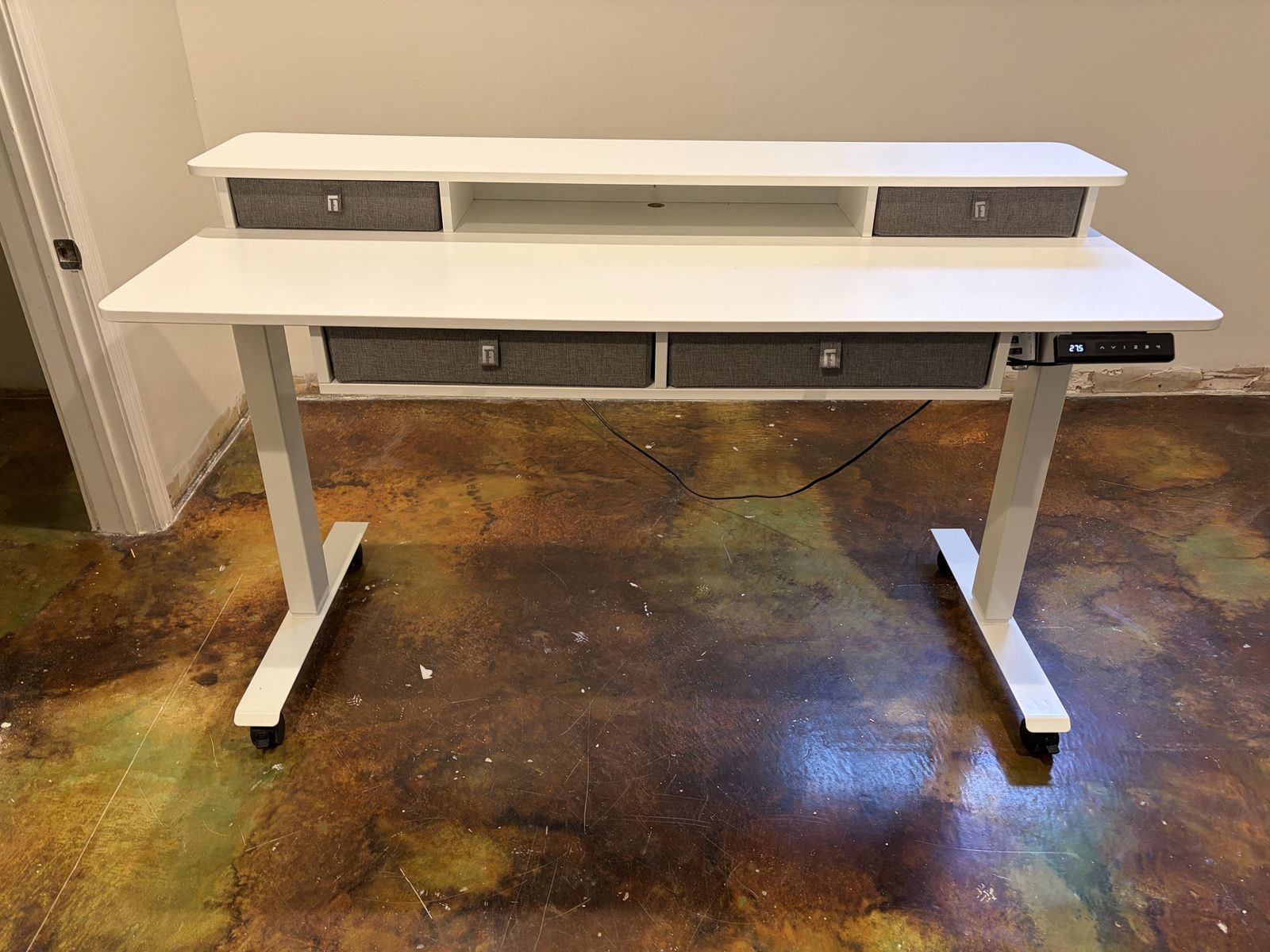 White Electric Standing Desk with Storage, Monitor Shelf, & Wheels - Adjustable Height Office Table