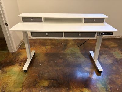 White Electric Standing Desk with Storage, Monitor Shelf, & Wheels - Adjustable Height Office Table
