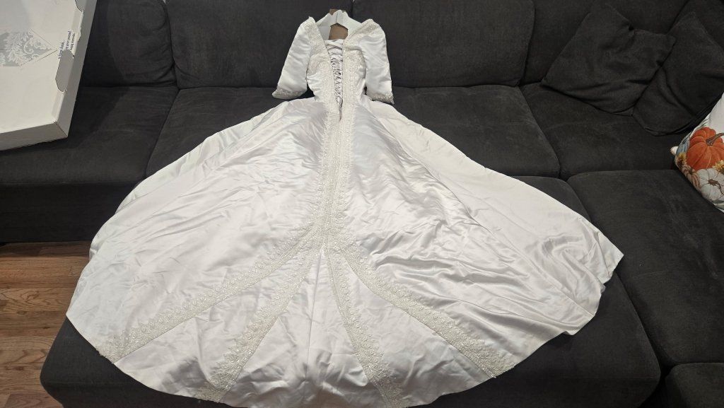 Diamond Brite White Wedding Dress with Beaded Lace Applique and Corset Back