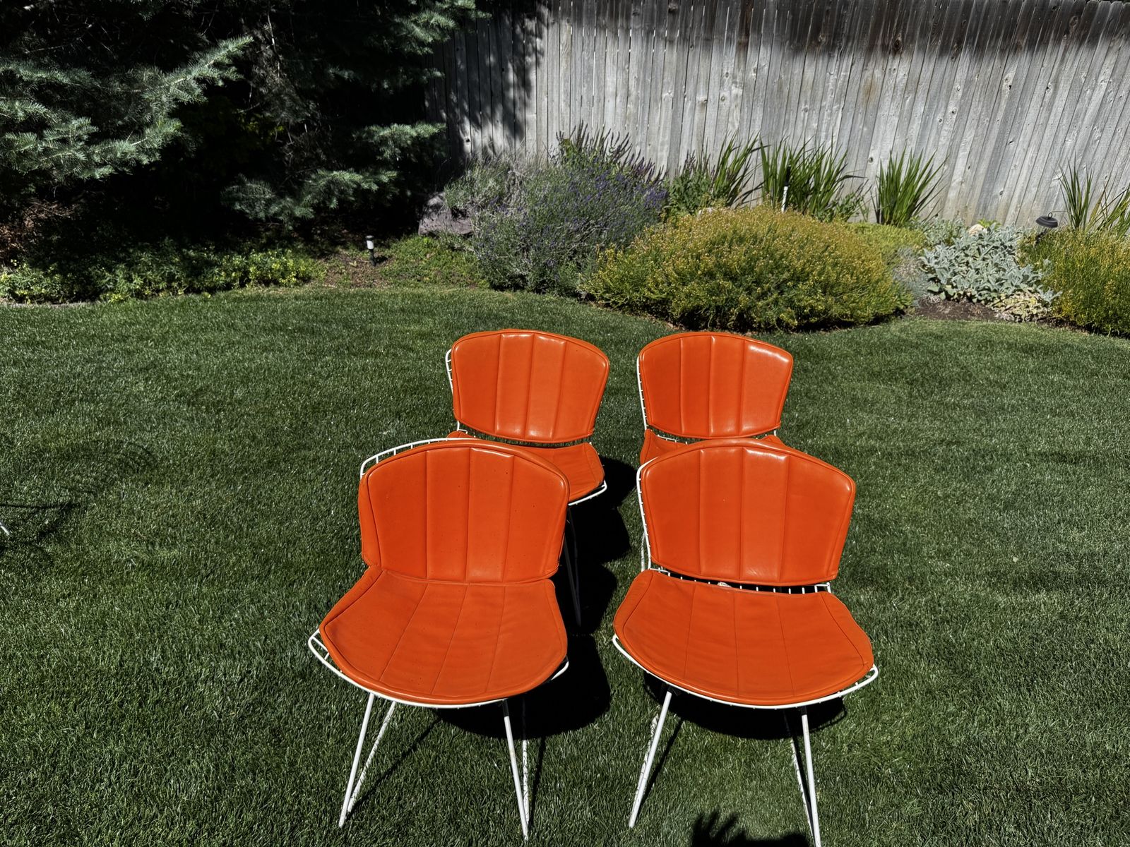 Set of 4 Vintage Mid-Century Modern Dining Chairs - Orange Upholstery, White Wire Frames