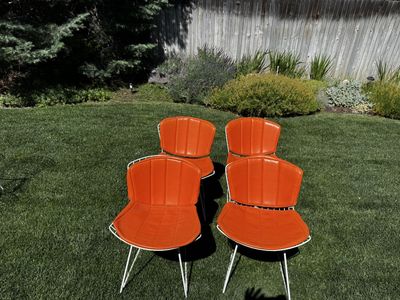 Set of 4 Vintage Mid-Century Modern Dining Chairs - Orange Upholstery, White Wire Frames