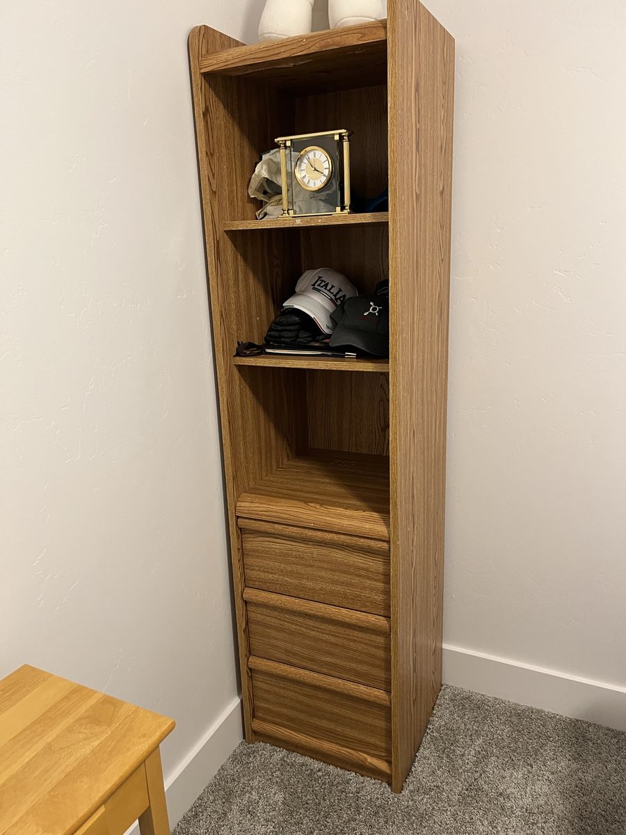 Oak Wood Finish Tall Bookshelf with Three Lower Drawers and Open Shelving