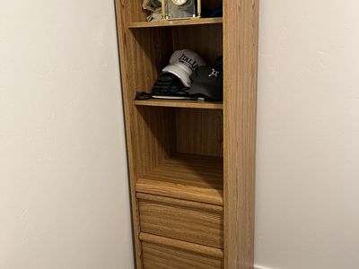 Oak Wood Finish Tall Bookshelf with Three Lower Drawers and Open Shelving