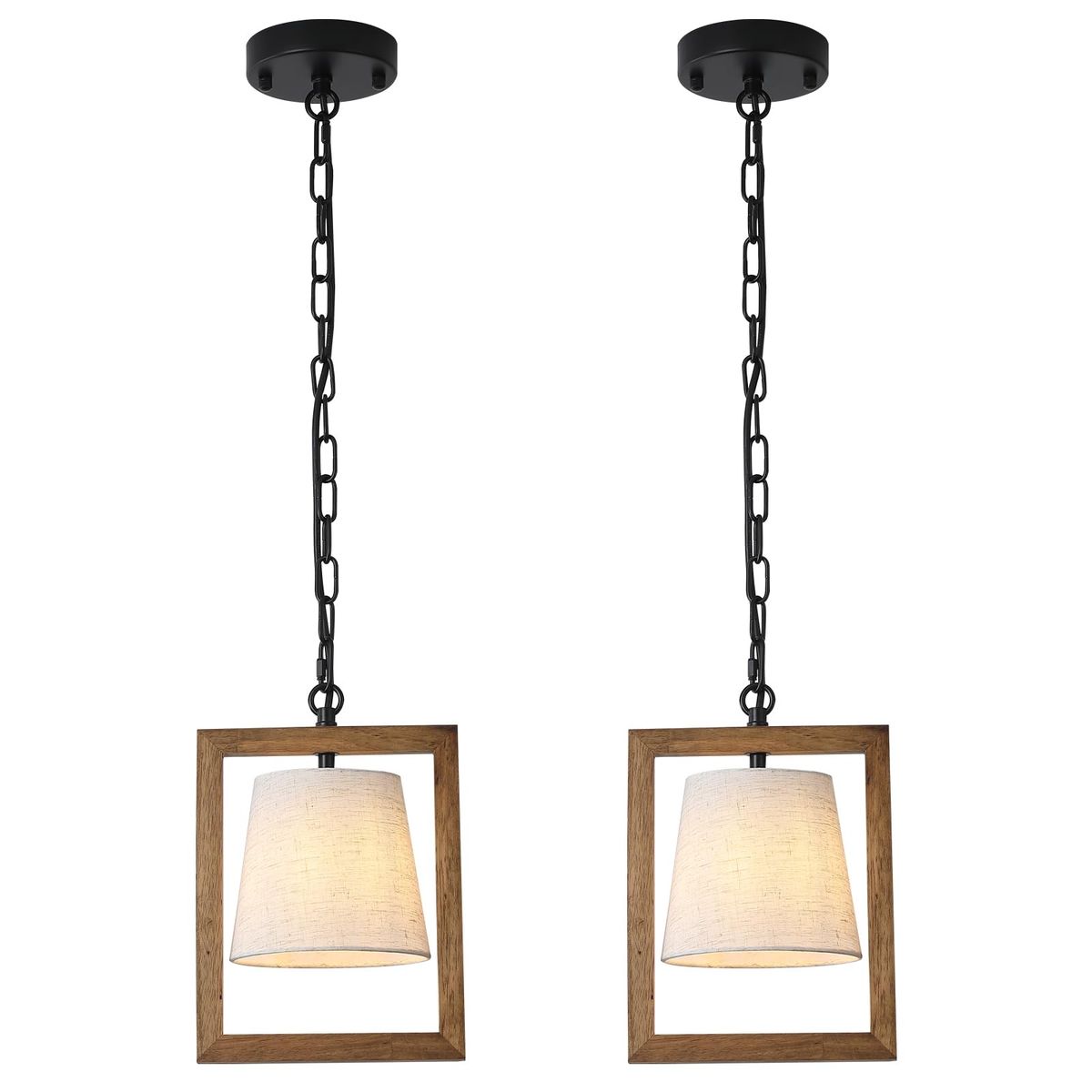 Set of 2 Farmhouse Pendant Lights Rustic Wood & Fabric Shade Hanging Lights