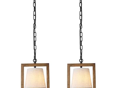 Set of 2 Farmhouse Pendant Lights Rustic Wood & Fabric Shade Hanging Lights