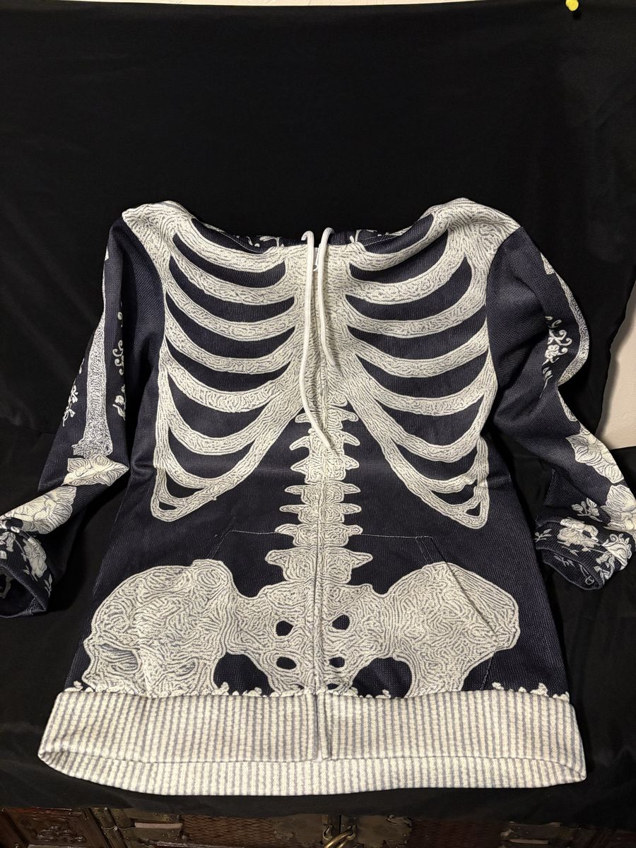 Women's Skeleton Graphic Full-Zip Hoodie Black Floral Print Size Medium