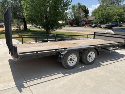 Utility Trailer, Tandem Axle Flatbed, Black, Wood Deck, with Ramps