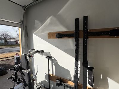 Rack, Barbell, Weights, and Bench (DIY garage gym)