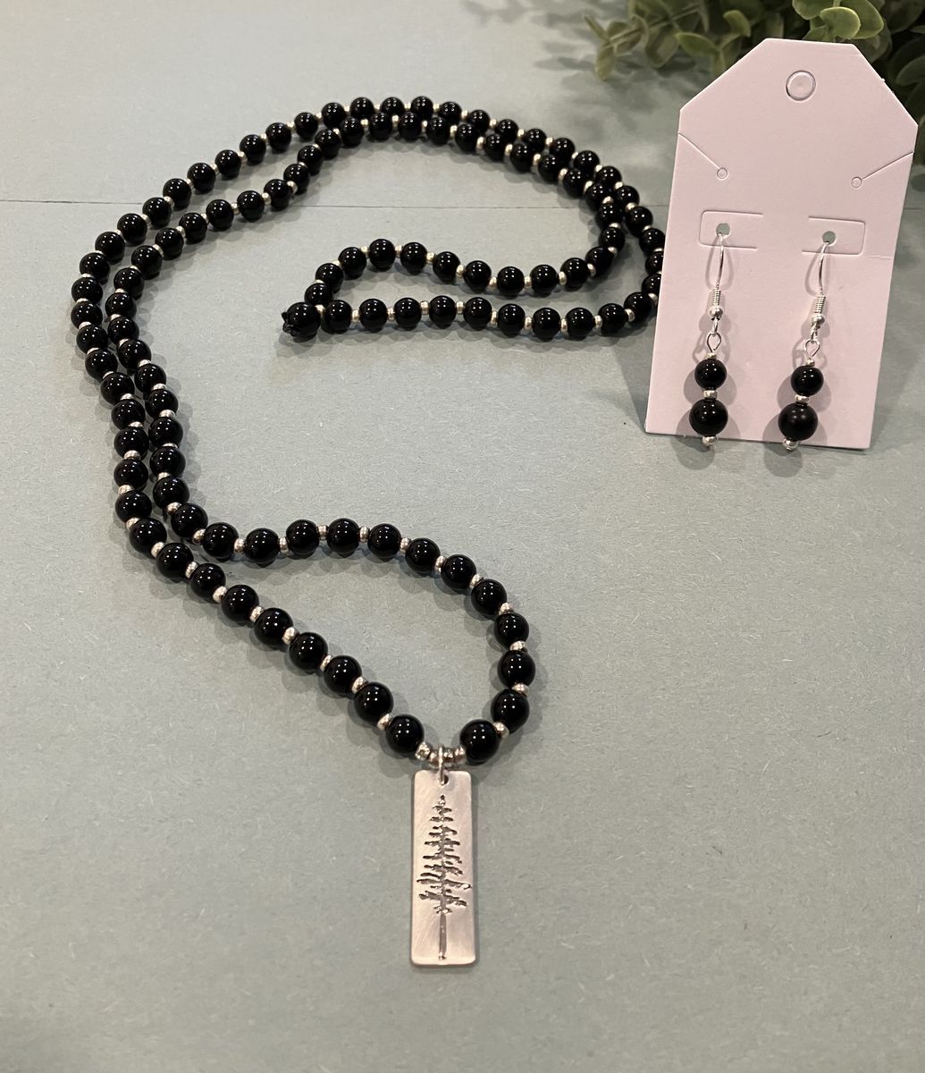 Black Beaded Silver Pine Tree Pendant Necklace & Earrings