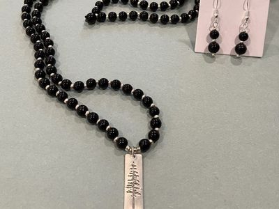 Black Beaded Silver Pine Tree Pendant Necklace & Earrings