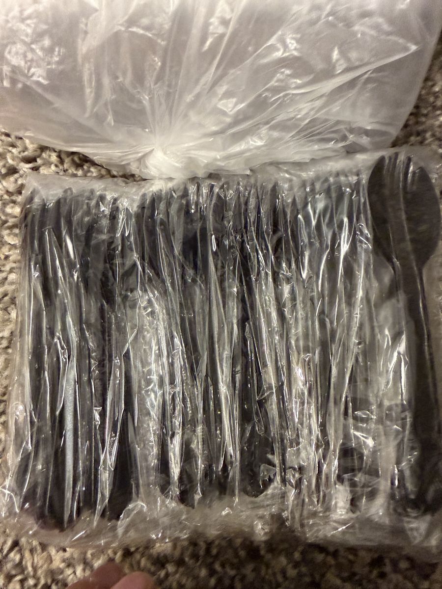 Disposable Gold Foil Baking Cups with Lids and Black Plastic Spork Utensils Set