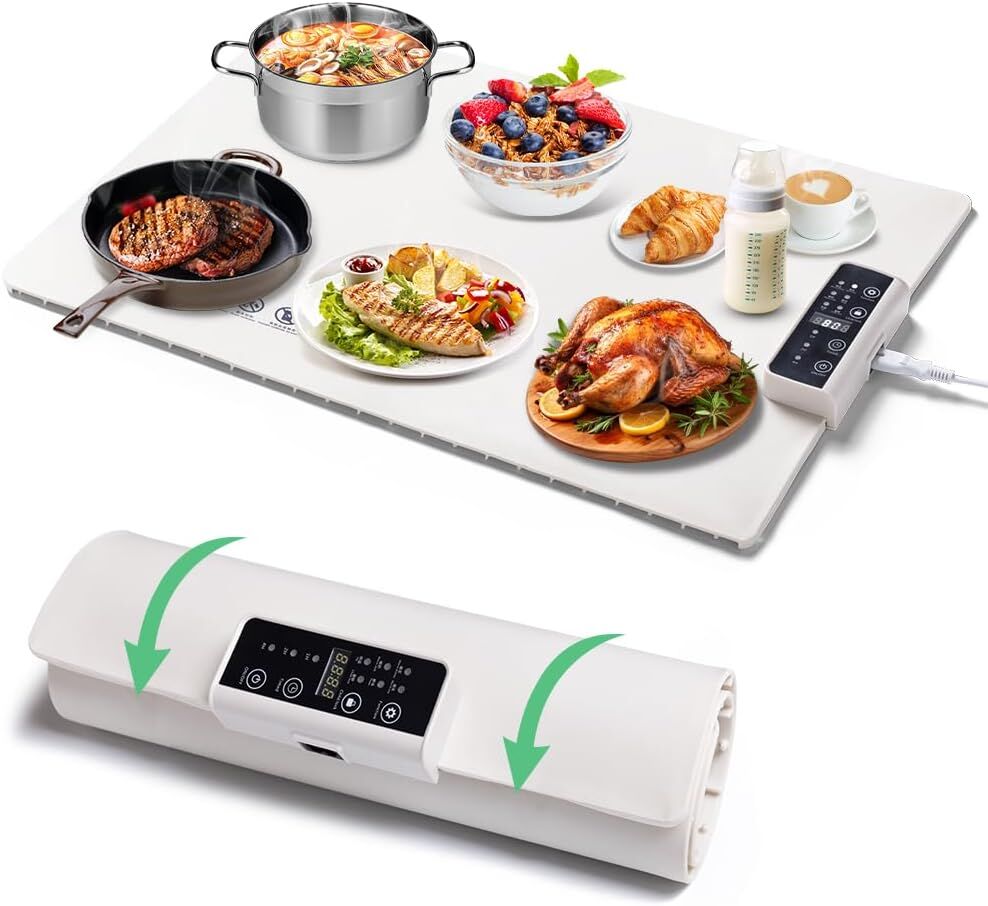 NEW Warming mat for Food- 5 Temperature Settings, 4-Hour Timer, Quickly in 10 Seconds, Warming Trays for Parties (White)