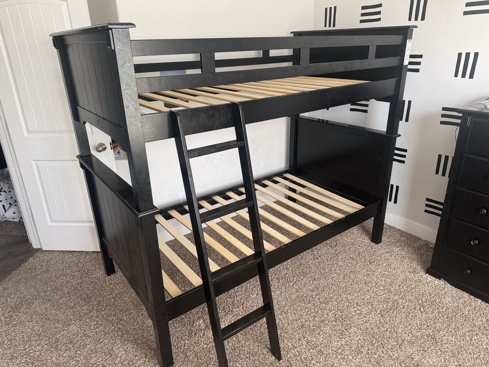 Black Solid Wood Twin Bunk Bed Frame with Ladder and Slats