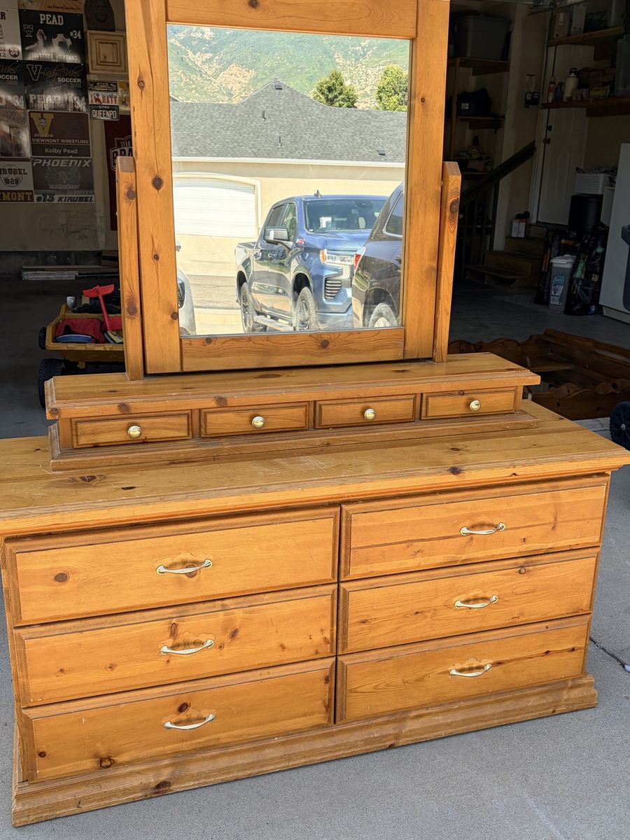 Solid Knotty Pine Wooden Dresser with Attached Mirror and Top Drawers