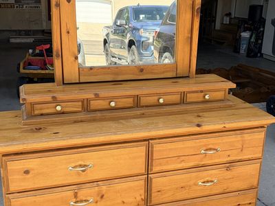 Solid Knotty Pine Wooden Dresser with Attached Mirror and Top Drawers