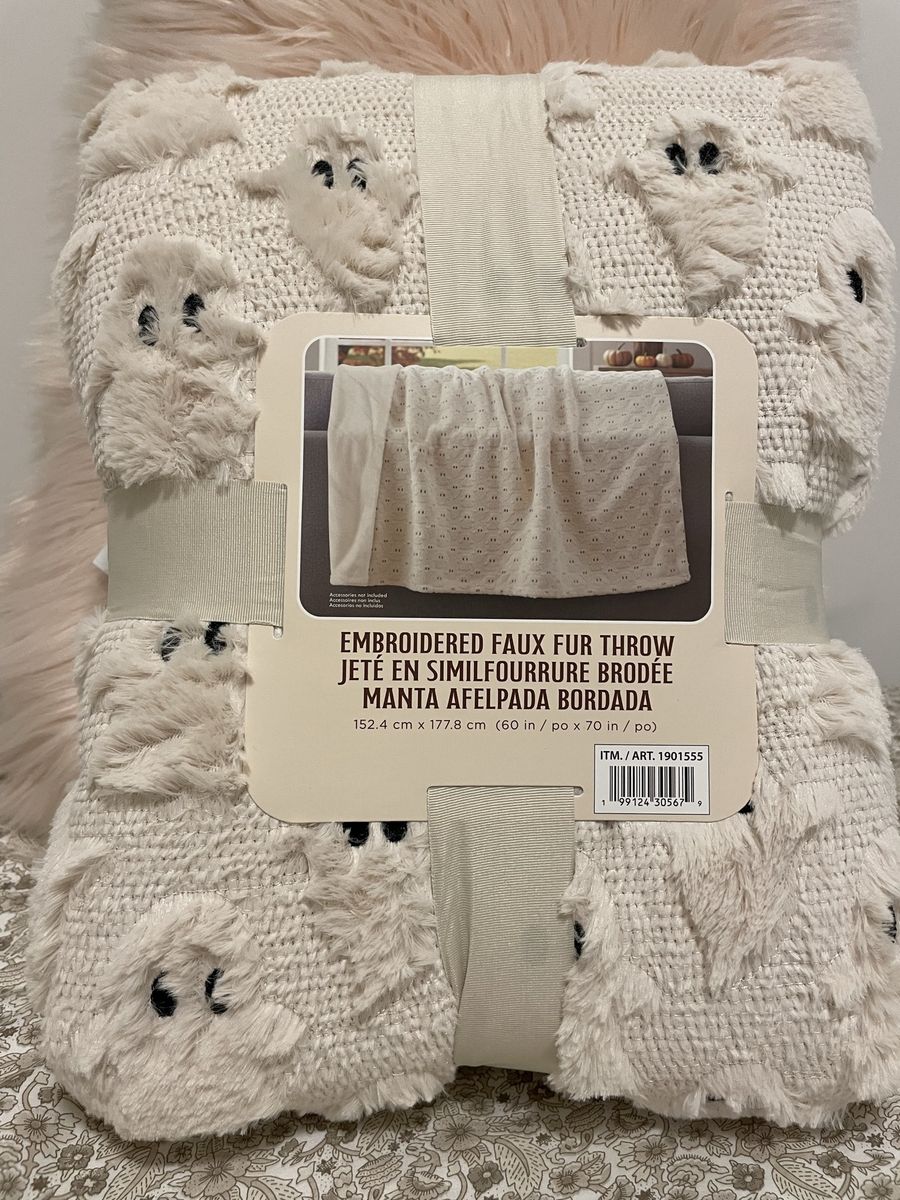 Embroidered Faux Fur Throw Blanket with Ghost Design 60 x 70