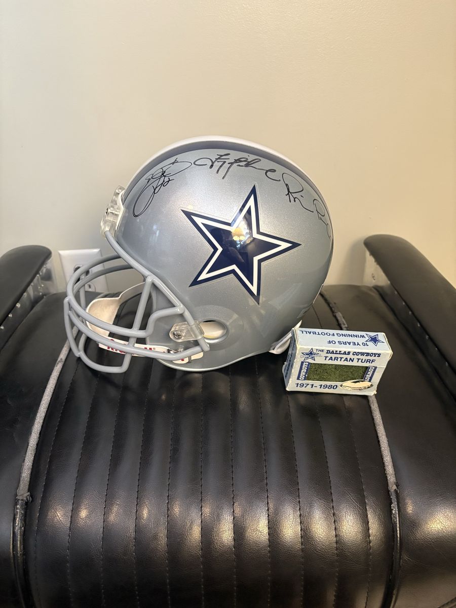 Dallas Cowboys Autographed Triplets Riddell Football FS replica Helmet with Tartan Turf