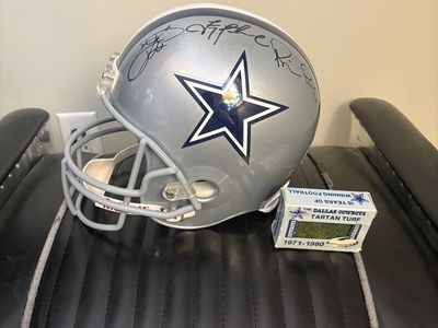 Dallas Cowboys Autographed Triplets Riddell Football FS replica Helmet with Tartan Turf
