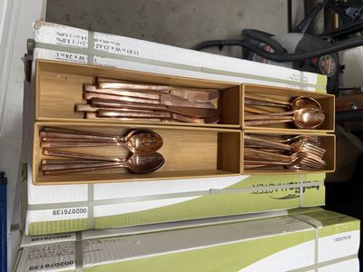 Pottery Barn gold-plated Flatware Silverware Set with Bamboo Organizer Tray