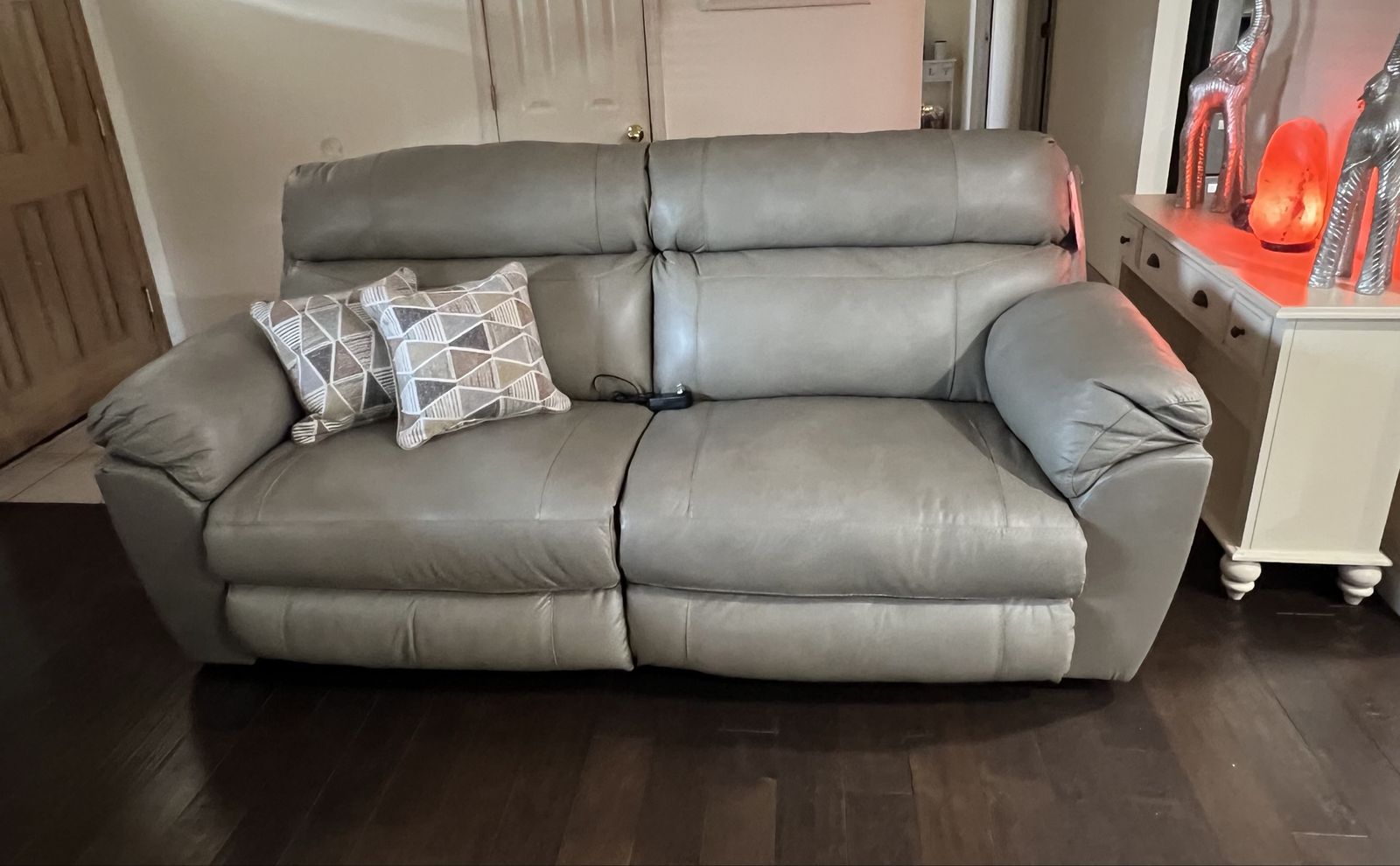 Gray Leather Power Reclining Sofa Set and Loveseat with Storage Console