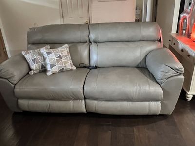 Gray Leather Power Reclining Sofa Set and Loveseat with Storage Console