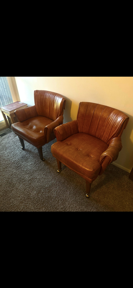 VINTAGE COGNAC FAUX LEATHER CHAIRS SET