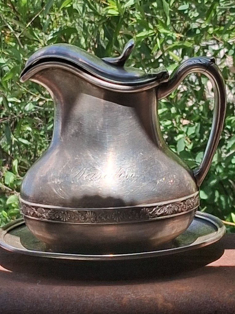 Vintage Silver-Plated Water Pitcher with Intricate Band Detail and Lid - Engraved 'Waspish'