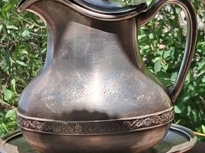 Vintage Silver-Plated Water Pitcher with Intricate Band Detail and Lid - Engraved 'Waspish'
