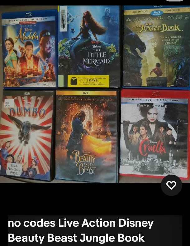 NO CODES Disney Live Action Blu-ray/DVD Movie Lot: Aladdin, Little Mermaid, Jungle Book, Dumbo, Beauty & the Beast, Cruella