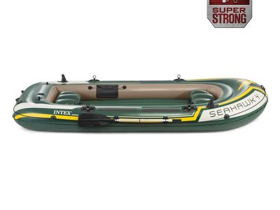 Intex Seahawk 4 Inflatable Boat Set - Fishing/Recreational Dinghy w/ Oars & Pump, Green/Yellow
