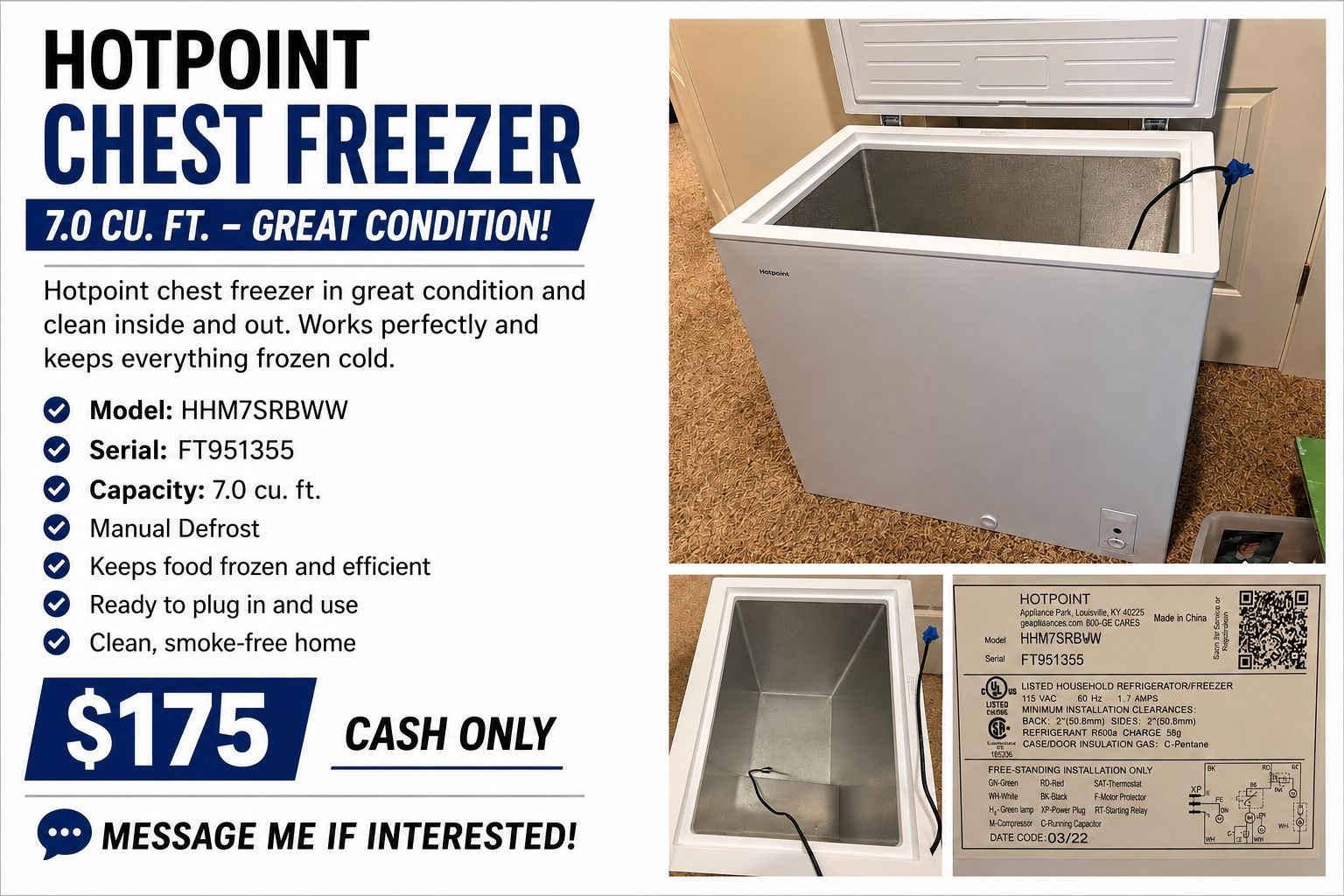 Hotpoint HHM7SRBWW 7.0 cu. ft. Manual Defrost Chest Freezer - Great Condition, White
