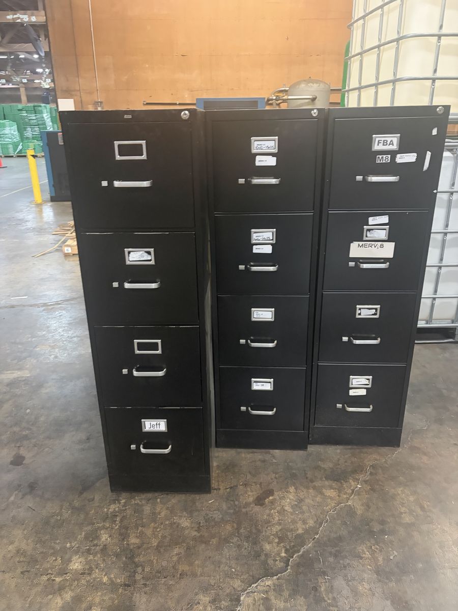 Black Metal Filing Cabinets (Set of 3) - 4-Drawer Vertical File Storage, Used