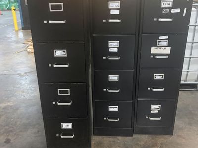 Black Metal Filing Cabinets (Set of 3) - 4-Drawer Vertical File Storage, Used