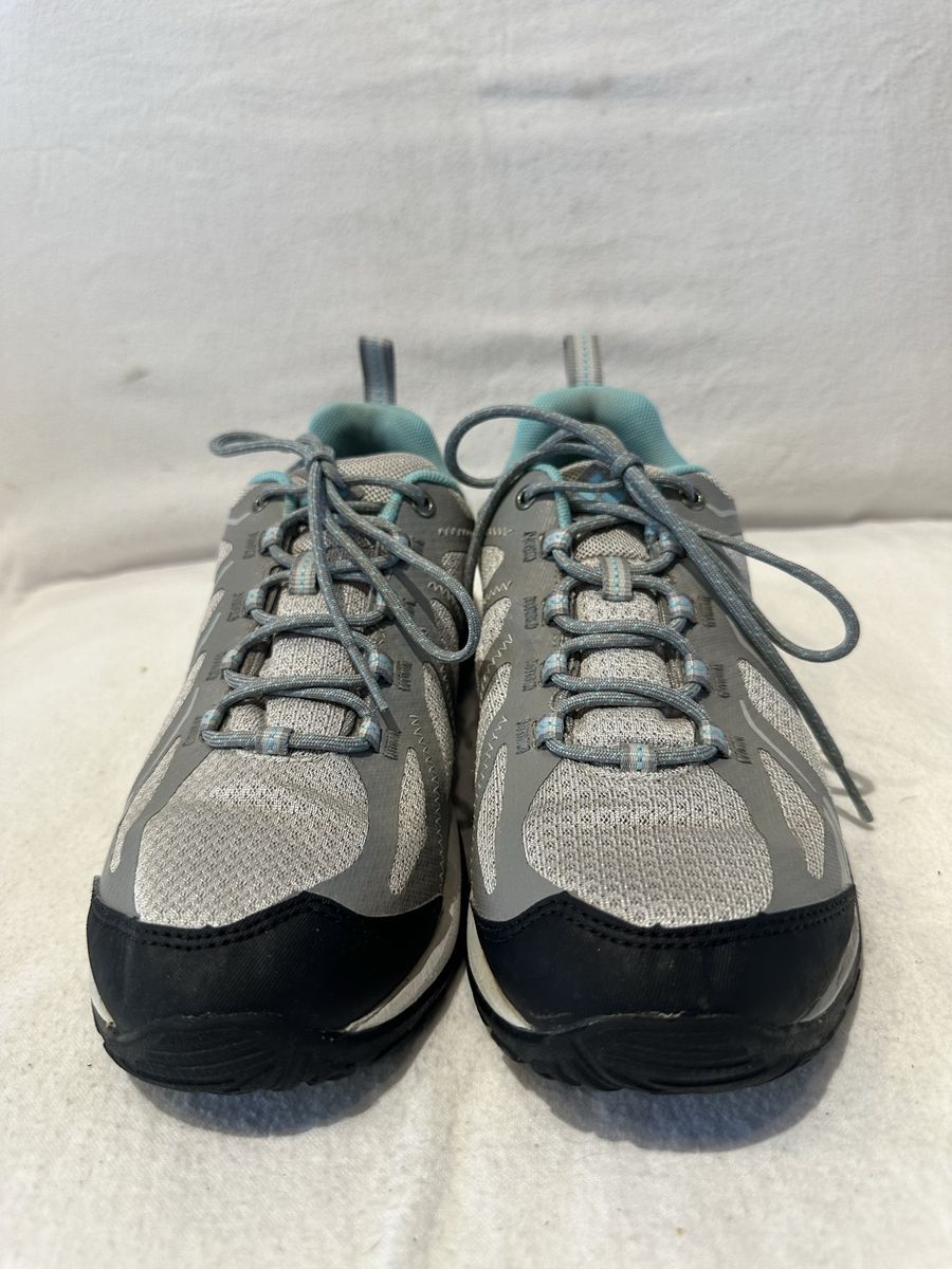 Columbia women’s size 7.5 grey mesh with blue trim, waterproof hiking shoes