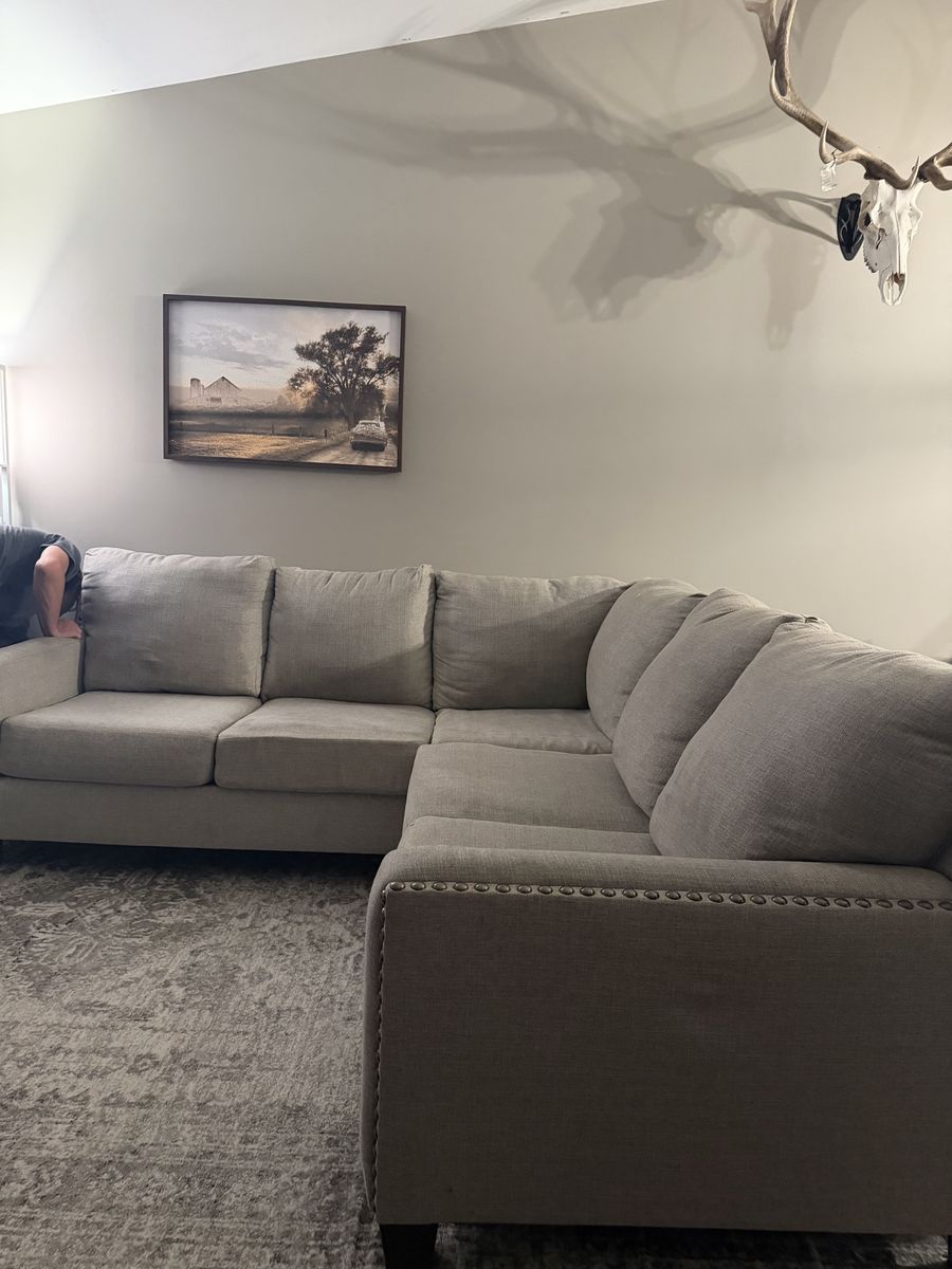 Gray Fabric Sectional Sofa with Nailhead Trim