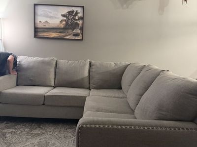 Gray Fabric Sectional Sofa with Nailhead Trim