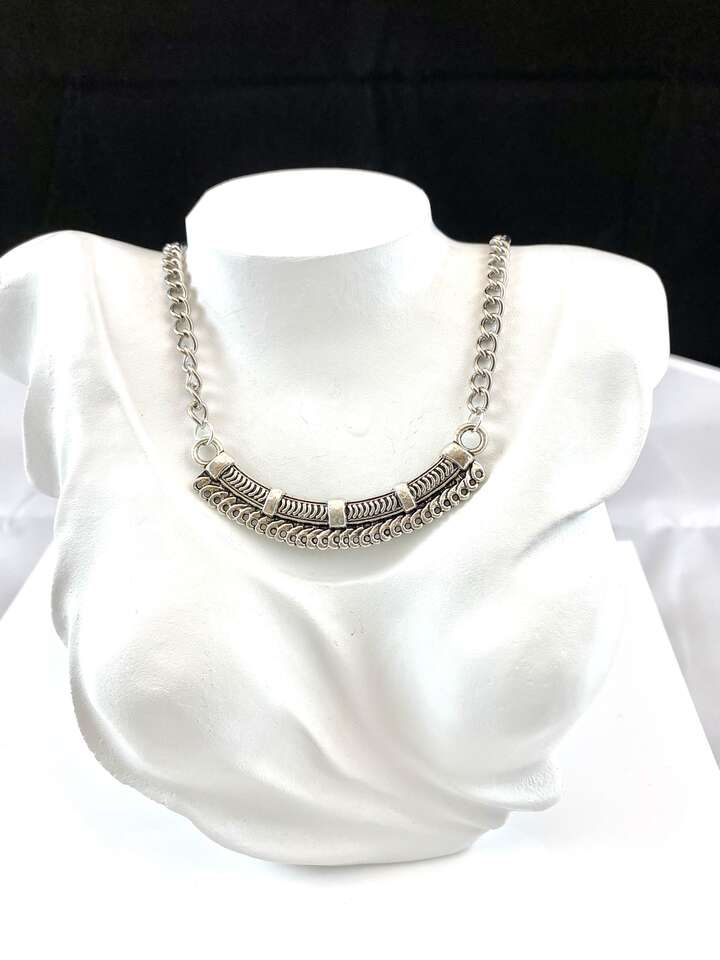 NEW - Silver and Decorative Bar Necklace w/ Possible Charms Attachment - See Photos For Details