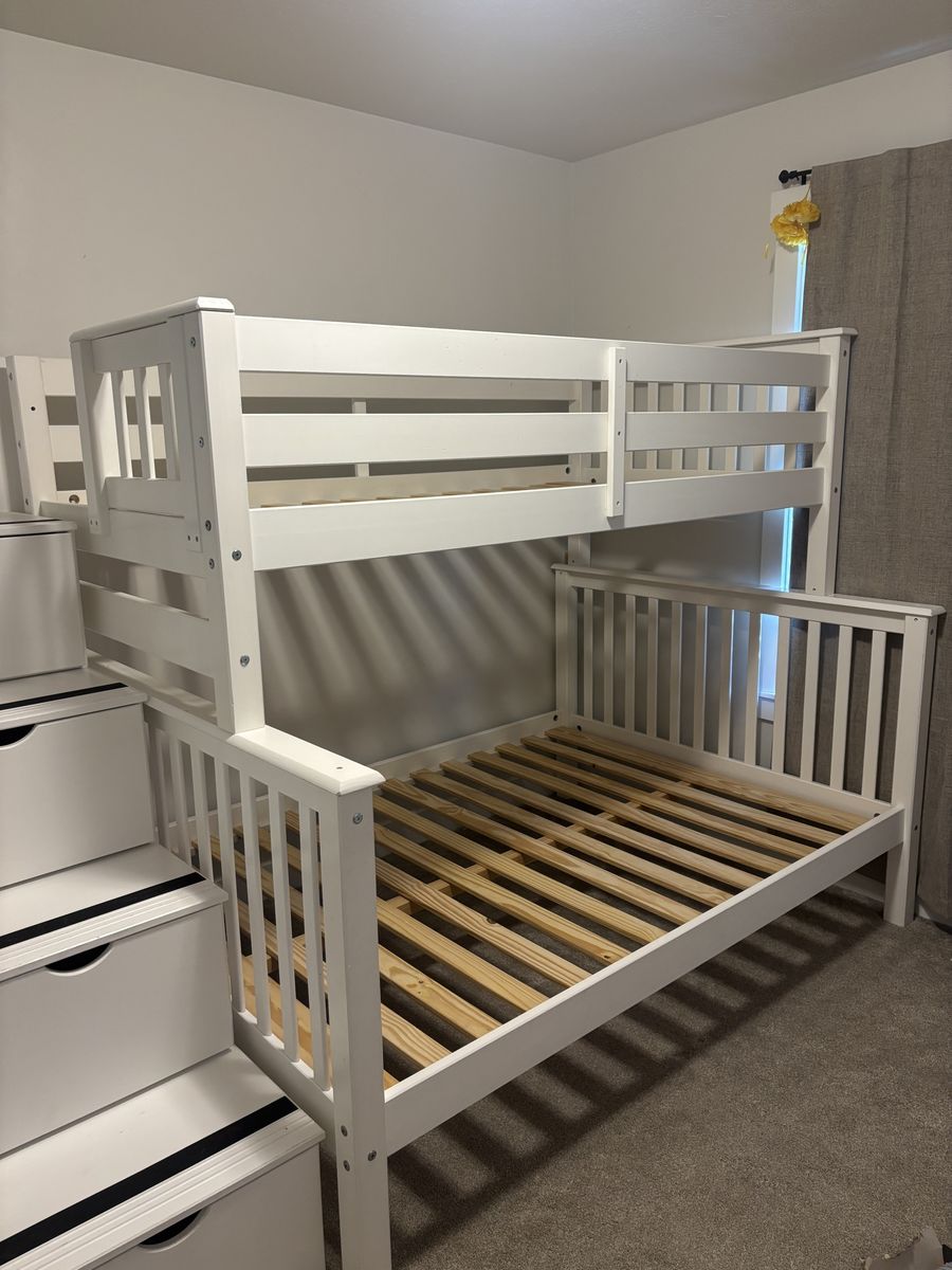 White Wooden Twin Over Full Bunk Bed with Built-in Storage Stairs