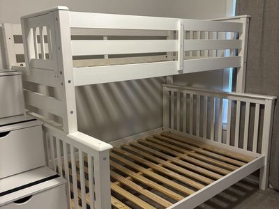White Wooden Twin Over Full Bunk Bed with Built-in Storage Stairs