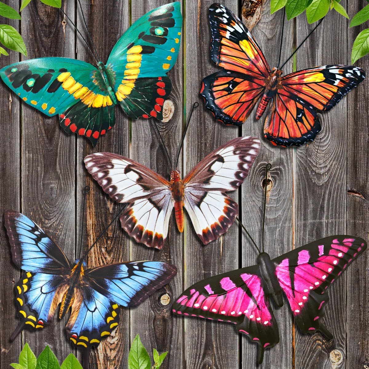 Metal Butterfly Wall Decor - 5 Pack Lifelike Butterflies Wall Art Sculpture Hanging Decorations for Indoor or Outdoor -BA2