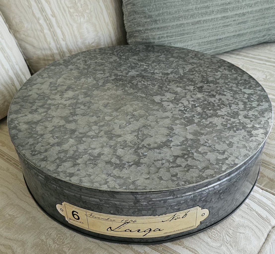 Large Round Galvanized Metal Storage Container with Lid - Farmhouse Decor Organizer 17.5" Diameter 4.5" H