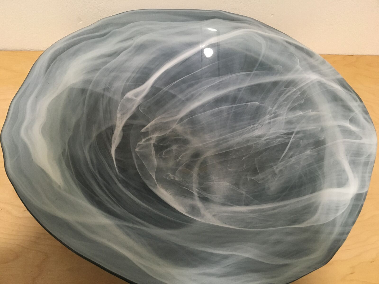 Vintage Large 19” Handmade Glass Blue White Swirl Decorative Bowl Made In Spain $30