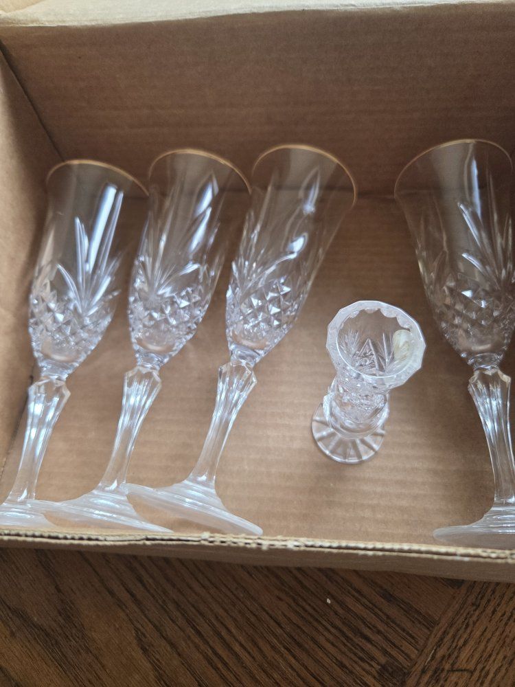 Vintage Cut Crystal Champagne Flutes with Gold Rim and Small Candle Holder Set of 4