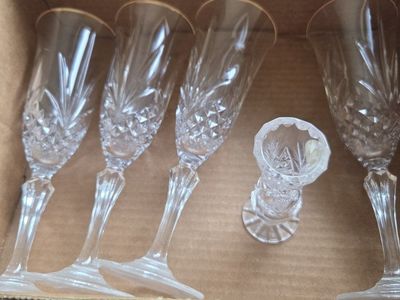 Vintage Cut Crystal Champagne Flutes with Gold Rim and Small Candle Holder Set of 4
