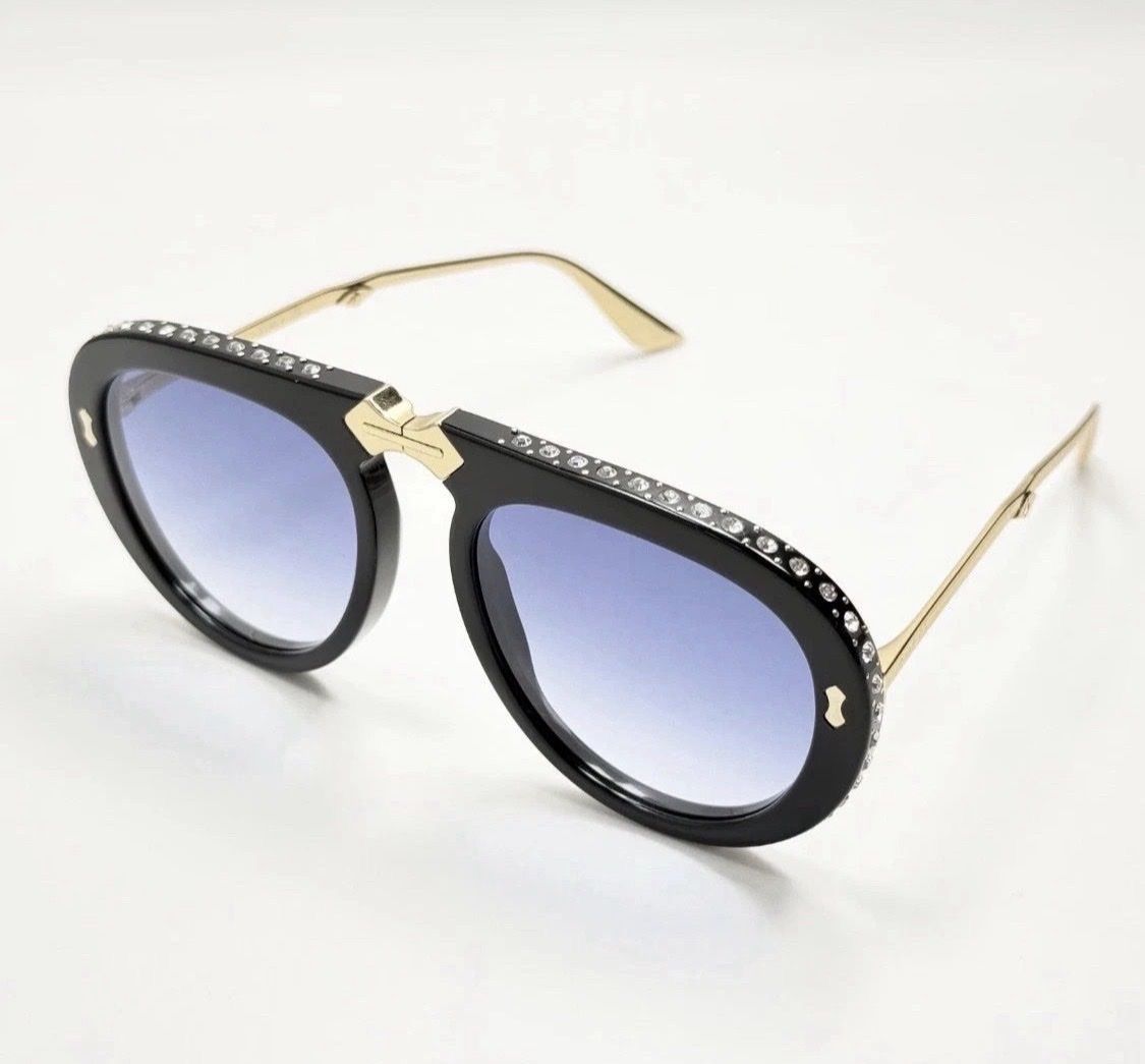 Gucci GG0307S Foldable Aviator Sunglasses Black Metal Crystal Blue 56mm